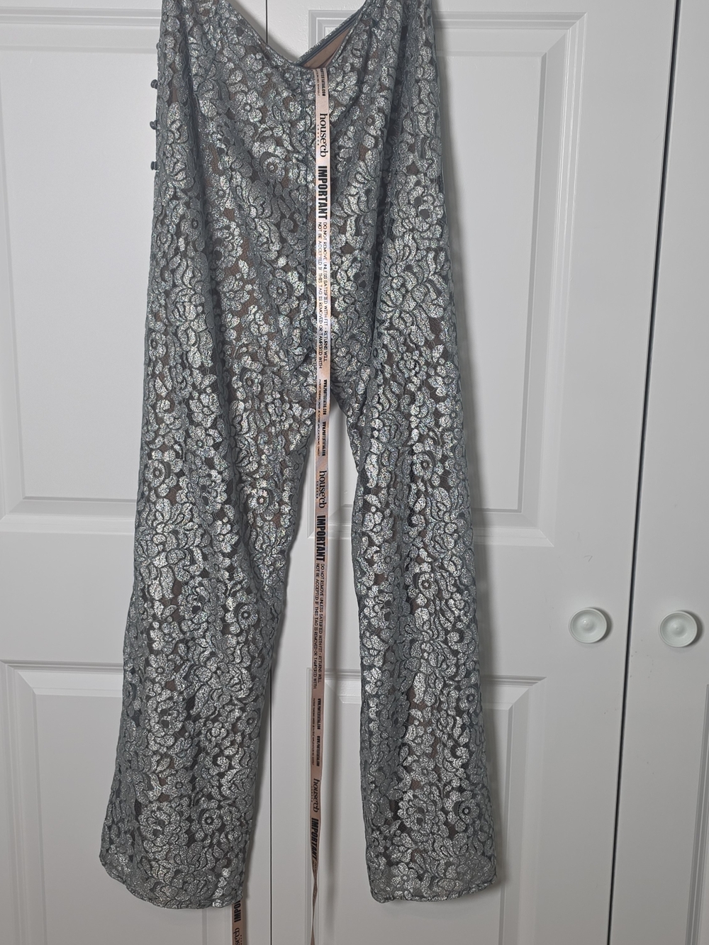 House of CB Mara Silver Metallic Lace Trousers L NWT